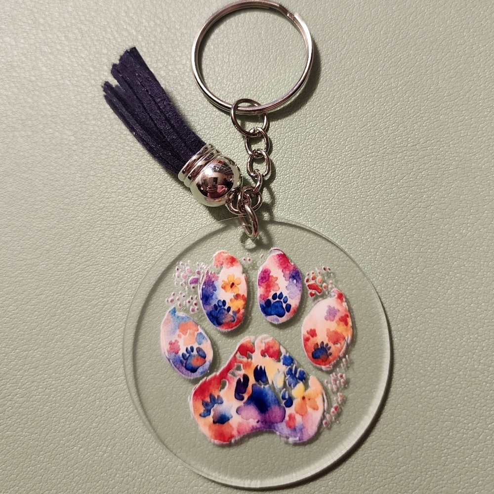 Colorful Paw Print Keychain with Tassel